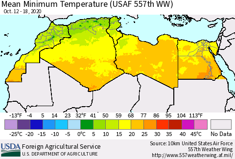 North Africa Mean Minimum Temperature (USAF 557th WW) Thematic Map For 10/12/2020 - 10/18/2020