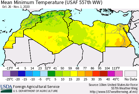 North Africa Mean Minimum Temperature (USAF 557th WW) Thematic Map For 10/26/2020 - 11/1/2020