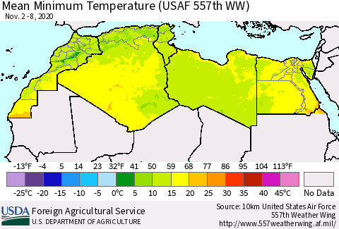 North Africa Mean Minimum Temperature (USAF 557th WW) Thematic Map For 11/2/2020 - 11/8/2020