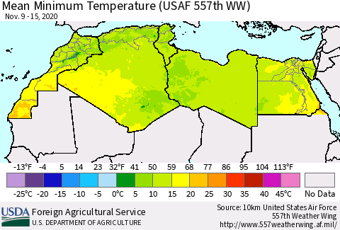 North Africa Mean Minimum Temperature (USAF 557th WW) Thematic Map For 11/9/2020 - 11/15/2020