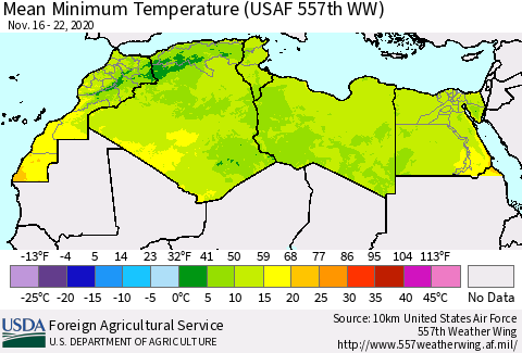 North Africa Mean Minimum Temperature (USAF 557th WW) Thematic Map For 11/16/2020 - 11/22/2020