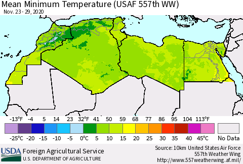 North Africa Mean Minimum Temperature (USAF 557th WW) Thematic Map For 11/23/2020 - 11/29/2020