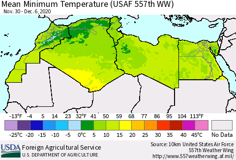 North Africa Mean Minimum Temperature (USAF 557th WW) Thematic Map For 11/30/2020 - 12/6/2020