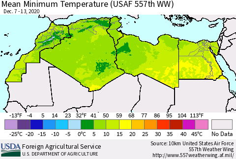 North Africa Mean Minimum Temperature (USAF 557th WW) Thematic Map For 12/7/2020 - 12/13/2020