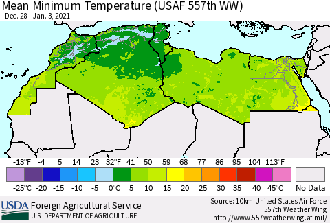 North Africa Mean Minimum Temperature (USAF 557th WW) Thematic Map For 12/28/2020 - 1/3/2021