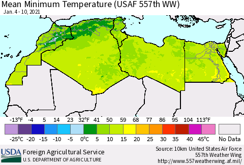 North Africa Mean Minimum Temperature (USAF 557th WW) Thematic Map For 1/4/2021 - 1/10/2021