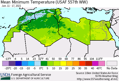 North Africa Mean Minimum Temperature (USAF 557th WW) Thematic Map For 1/11/2021 - 1/17/2021