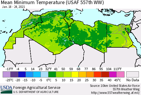 North Africa Mean Minimum Temperature (USAF 557th WW) Thematic Map For 1/18/2021 - 1/24/2021