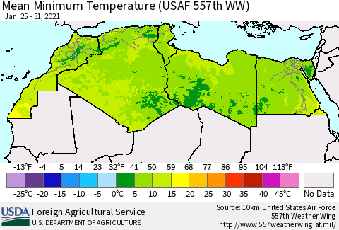 North Africa Mean Minimum Temperature (USAF 557th WW) Thematic Map For 1/25/2021 - 1/31/2021