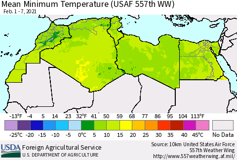 North Africa Mean Minimum Temperature (USAF 557th WW) Thematic Map For 2/1/2021 - 2/7/2021