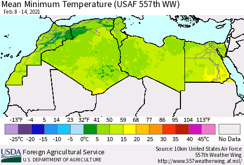 North Africa Mean Minimum Temperature (USAF 557th WW) Thematic Map For 2/8/2021 - 2/14/2021