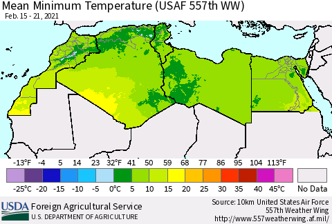 North Africa Mean Minimum Temperature (USAF 557th WW) Thematic Map For 2/15/2021 - 2/21/2021