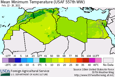 North Africa Mean Minimum Temperature (USAF 557th WW) Thematic Map For 2/22/2021 - 2/28/2021