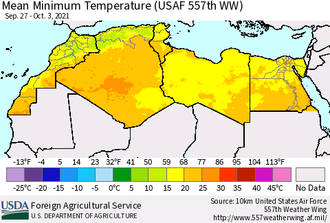 North Africa Mean Minimum Temperature (USAF 557th WW) Thematic Map For 9/27/2021 - 10/3/2021