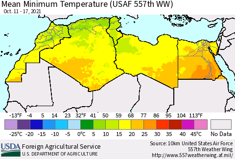 North Africa Mean Minimum Temperature (USAF 557th WW) Thematic Map For 10/11/2021 - 10/17/2021