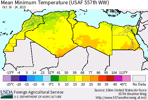 North Africa Mean Minimum Temperature (USAF 557th WW) Thematic Map For 10/18/2021 - 10/24/2021