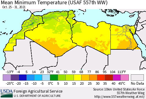 North Africa Mean Minimum Temperature (USAF 557th WW) Thematic Map For 10/25/2021 - 10/31/2021