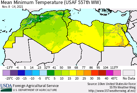 North Africa Mean Minimum Temperature (USAF 557th WW) Thematic Map For 11/8/2021 - 11/14/2021