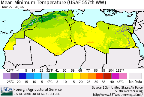 North Africa Mean Minimum Temperature (USAF 557th WW) Thematic Map For 11/22/2021 - 11/28/2021