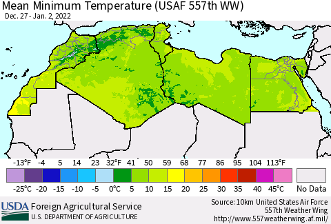North Africa Mean Minimum Temperature (USAF 557th WW) Thematic Map For 12/27/2021 - 1/2/2022