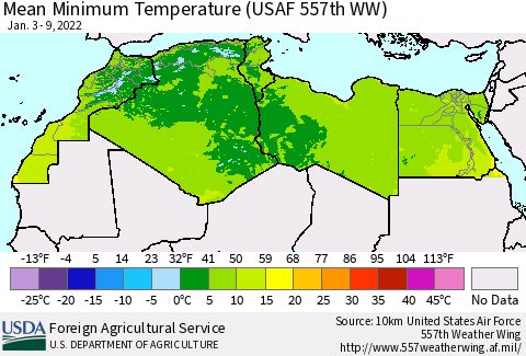 North Africa Mean Minimum Temperature (USAF 557th WW) Thematic Map For 1/3/2022 - 1/9/2022