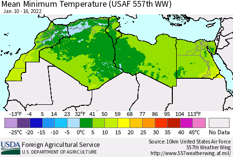 North Africa Mean Minimum Temperature (USAF 557th WW) Thematic Map For 1/10/2022 - 1/16/2022