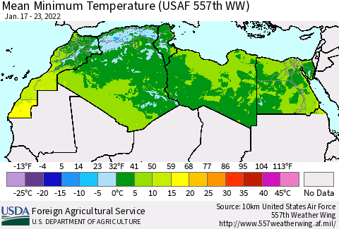 North Africa Mean Minimum Temperature (USAF 557th WW) Thematic Map For 1/17/2022 - 1/23/2022