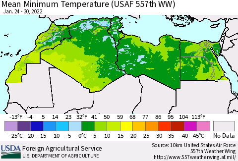 North Africa Mean Minimum Temperature (USAF 557th WW) Thematic Map For 1/24/2022 - 1/30/2022