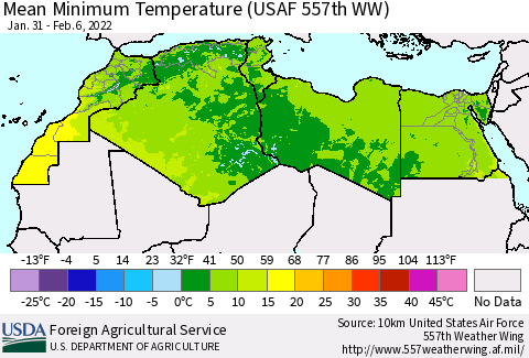 North Africa Mean Minimum Temperature (USAF 557th WW) Thematic Map For 1/31/2022 - 2/6/2022