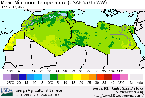 North Africa Mean Minimum Temperature (USAF 557th WW) Thematic Map For 2/7/2022 - 2/13/2022