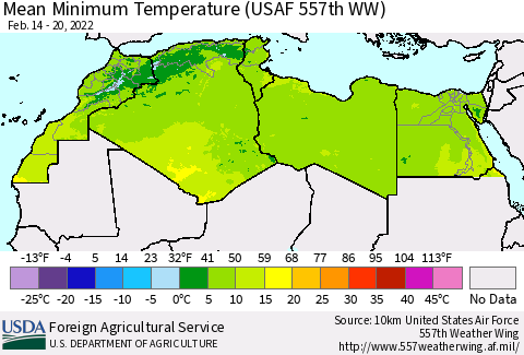 North Africa Mean Minimum Temperature (USAF 557th WW) Thematic Map For 2/14/2022 - 2/20/2022