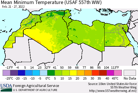 North Africa Mean Minimum Temperature (USAF 557th WW) Thematic Map For 2/21/2022 - 2/27/2022