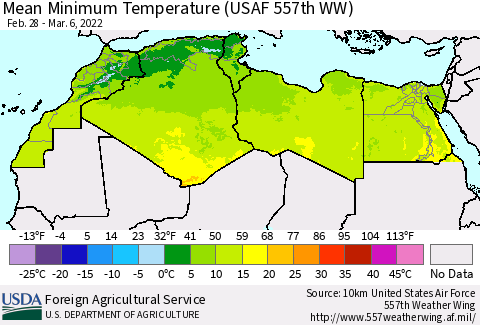 North Africa Mean Minimum Temperature (USAF 557th WW) Thematic Map For 2/28/2022 - 3/6/2022
