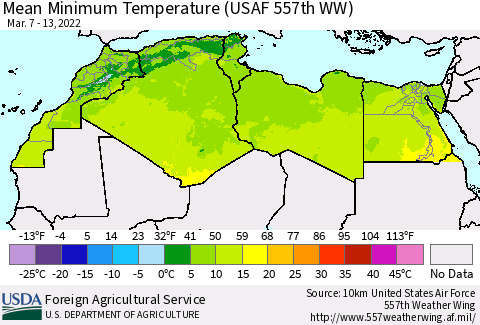 North Africa Mean Minimum Temperature (USAF 557th WW) Thematic Map For 3/7/2022 - 3/13/2022