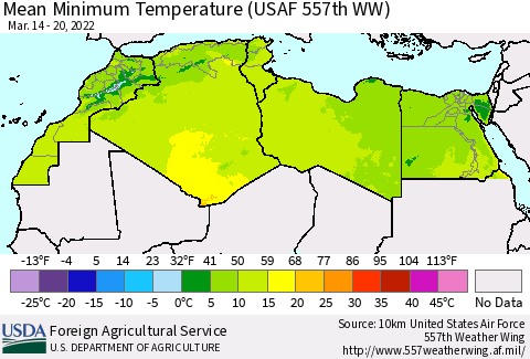 North Africa Mean Minimum Temperature (USAF 557th WW) Thematic Map For 3/14/2022 - 3/20/2022