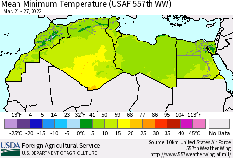 North Africa Mean Minimum Temperature (USAF 557th WW) Thematic Map For 3/21/2022 - 3/27/2022