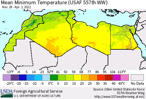 North Africa Mean Minimum Temperature (USAF 557th WW) Thematic Map For 3/28/2022 - 4/3/2022