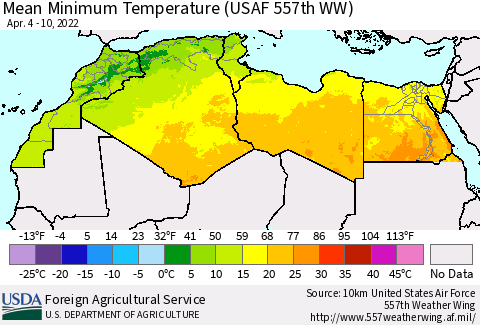 North Africa Mean Minimum Temperature (USAF 557th WW) Thematic Map For 4/4/2022 - 4/10/2022