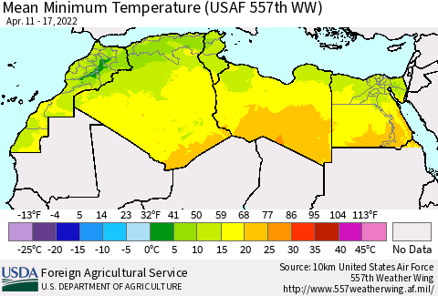 North Africa Mean Minimum Temperature (USAF 557th WW) Thematic Map For 4/11/2022 - 4/17/2022