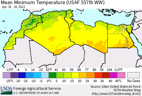 North Africa Mean Minimum Temperature (USAF 557th WW) Thematic Map For 4/18/2022 - 4/24/2022