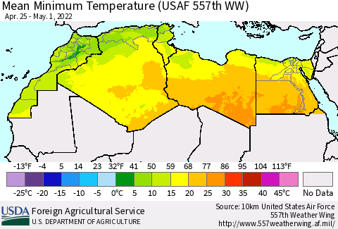 North Africa Mean Minimum Temperature (USAF 557th WW) Thematic Map For 4/25/2022 - 5/1/2022