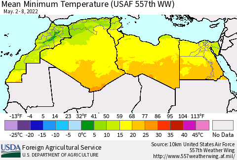 North Africa Mean Minimum Temperature (USAF 557th WW) Thematic Map For 5/2/2022 - 5/8/2022