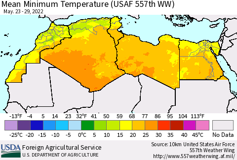 North Africa Mean Minimum Temperature (USAF 557th WW) Thematic Map For 5/23/2022 - 5/29/2022