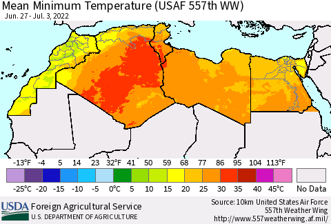 North Africa Mean Minimum Temperature (USAF 557th WW) Thematic Map For 6/27/2022 - 7/3/2022
