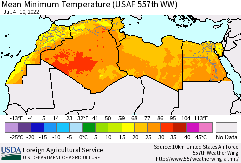 North Africa Mean Minimum Temperature (USAF 557th WW) Thematic Map For 7/4/2022 - 7/10/2022
