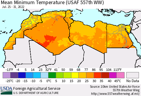 North Africa Mean Minimum Temperature (USAF 557th WW) Thematic Map For 7/25/2022 - 7/31/2022
