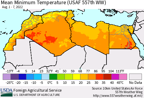 North Africa Mean Minimum Temperature (USAF 557th WW) Thematic Map For 8/1/2022 - 8/7/2022