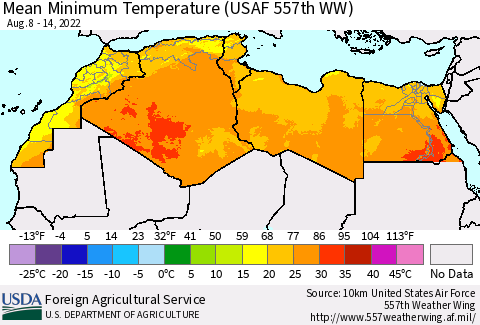 North Africa Mean Minimum Temperature (USAF 557th WW) Thematic Map For 8/8/2022 - 8/14/2022