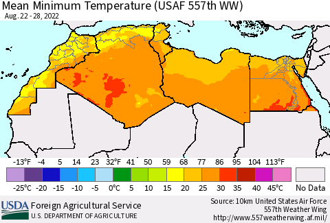 North Africa Mean Minimum Temperature (USAF 557th WW) Thematic Map For 8/22/2022 - 8/28/2022