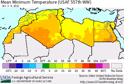 North Africa Mean Minimum Temperature (USAF 557th WW) Thematic Map For 10/3/2022 - 10/9/2022